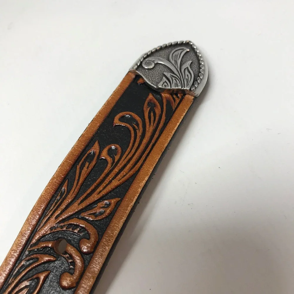 Kids‎ Western Tony Llama Tooled Leather Belt Brown Black Silver Buckle Floral
